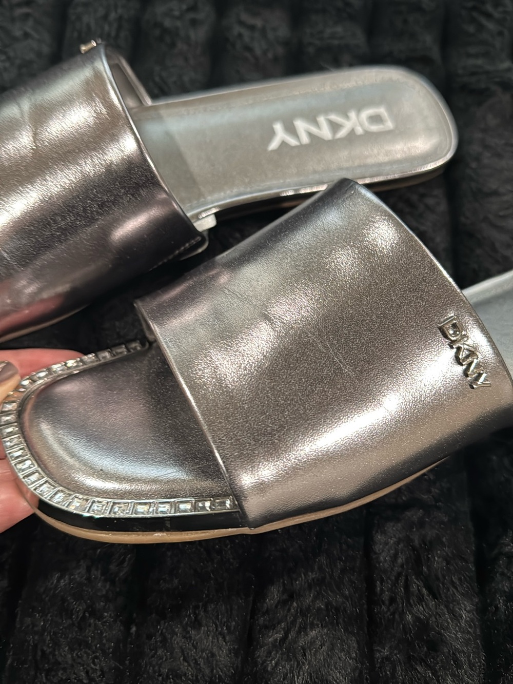 DKNY Metallic Pewter Slide Sandals with Crystal Accent